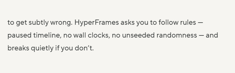 HyperFrames' docs on what breaks quietly