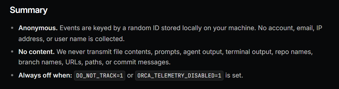 Orca's privacy and telemetry docs
