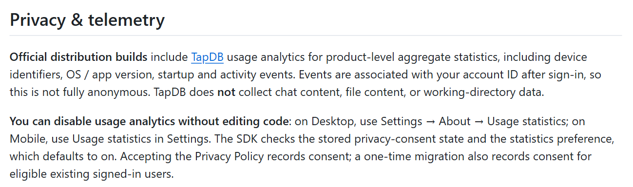 The README's privacy and telemetry section